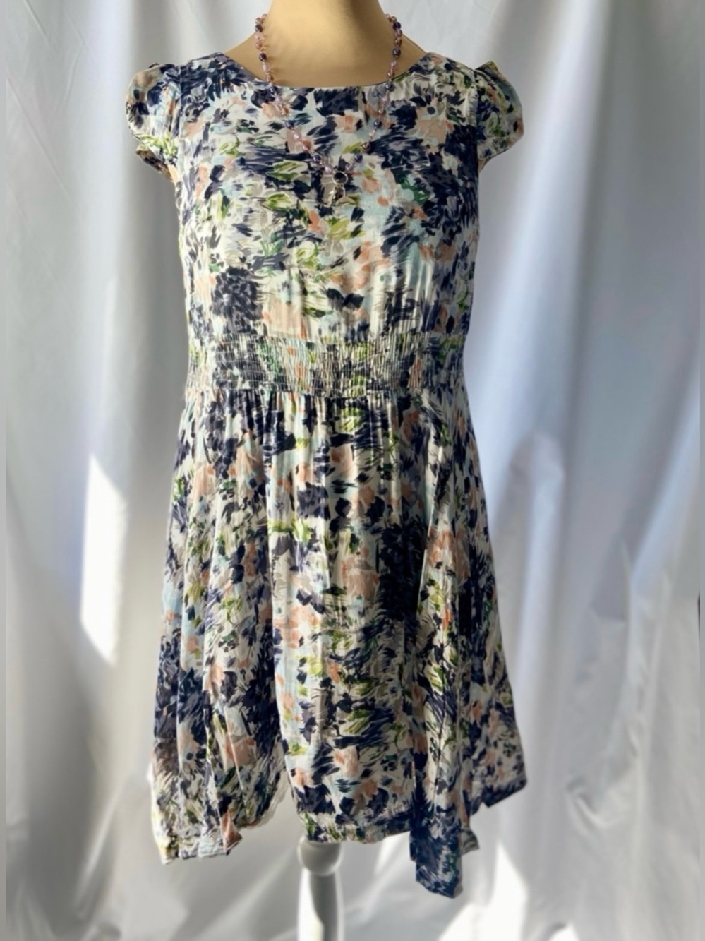 Valleygirl Navy and Blush Floral Cap-Sleeve Smocked Mini Dress size M/L